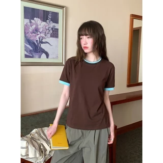 B&R พร้อมส่ง เสื้อยืดแขนสั้นคอกลม เสื้อทรงหลวมตัดสีขอบ เนื้อผ้านุ่มไม่ยับ ผู้หญิงฤดูร้อน สไตล์เกาหลี