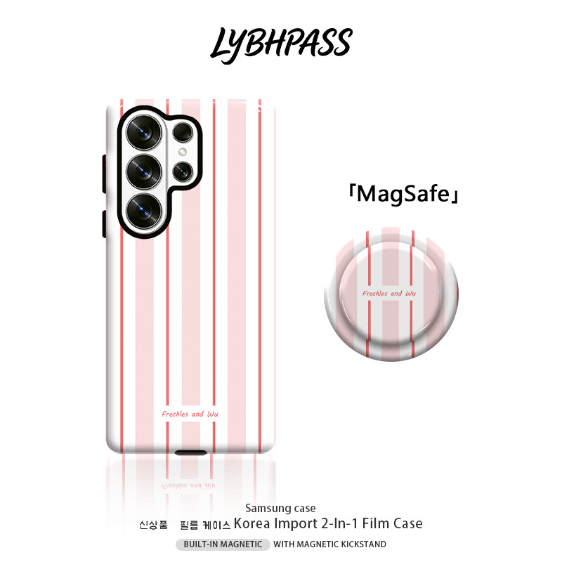 เคสซัมซุง+มีขาตั้งแม่เหล็ก แม่เหล็ก MagSafe ชมพู ริ้วแนวตั้ง ขอบ2ชั้น เคส Samsung galaxy s20 fe s21 