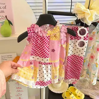 MooDeng Baby ชุดเซตเด็กหญิงน่ารัก แขนกุด กางเกงขายาว ชายระบาย ใส่สบาย ผ้าบาง ผ้านิ่ม ลื่น ระบายอากาศดี สีสดใส