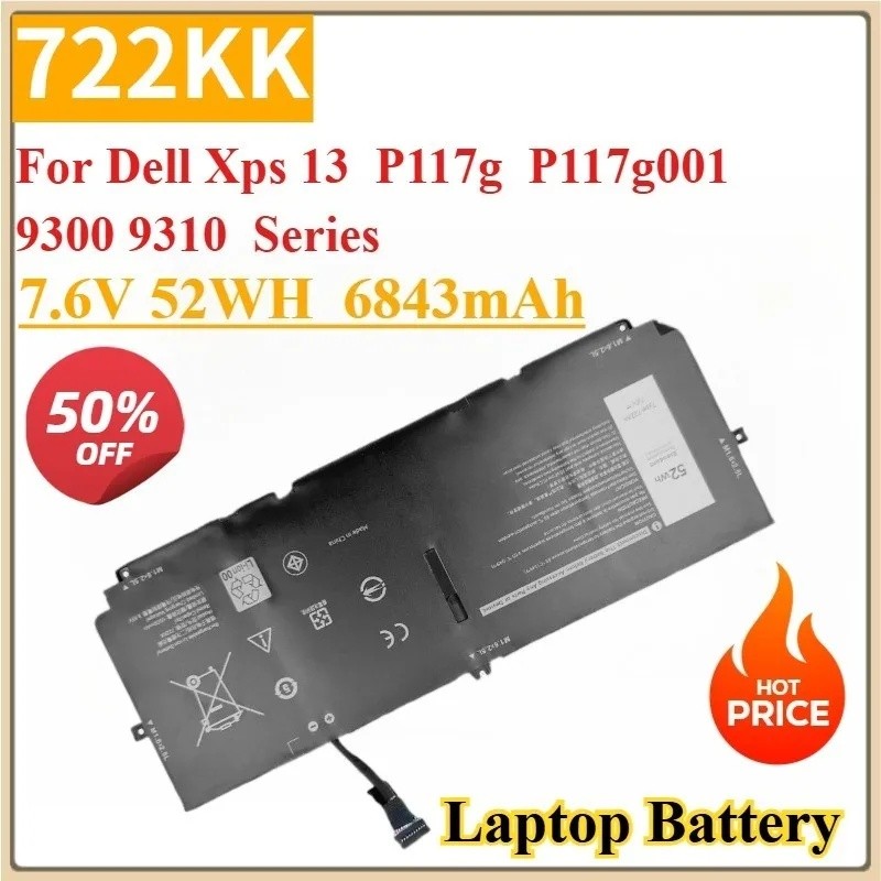 แบตเตอรี่แล็ปท็อปใหม่ 22KK 7.6V 52WH 68430mAh สําหรับ Dell Xps 13 P117g P117g001 9300 9310 Series 0w
