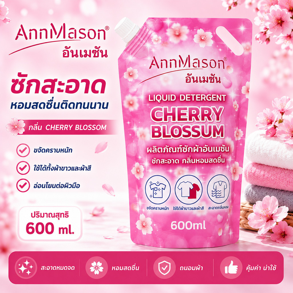 welkin XYY-01【annmason】 น้ำยาซักผ้า กลิ่นซากุระ ผลิตภัณฑ์ซักผ้าชนิดน้ำ 600 ml  กลิ่นหอมติดทน