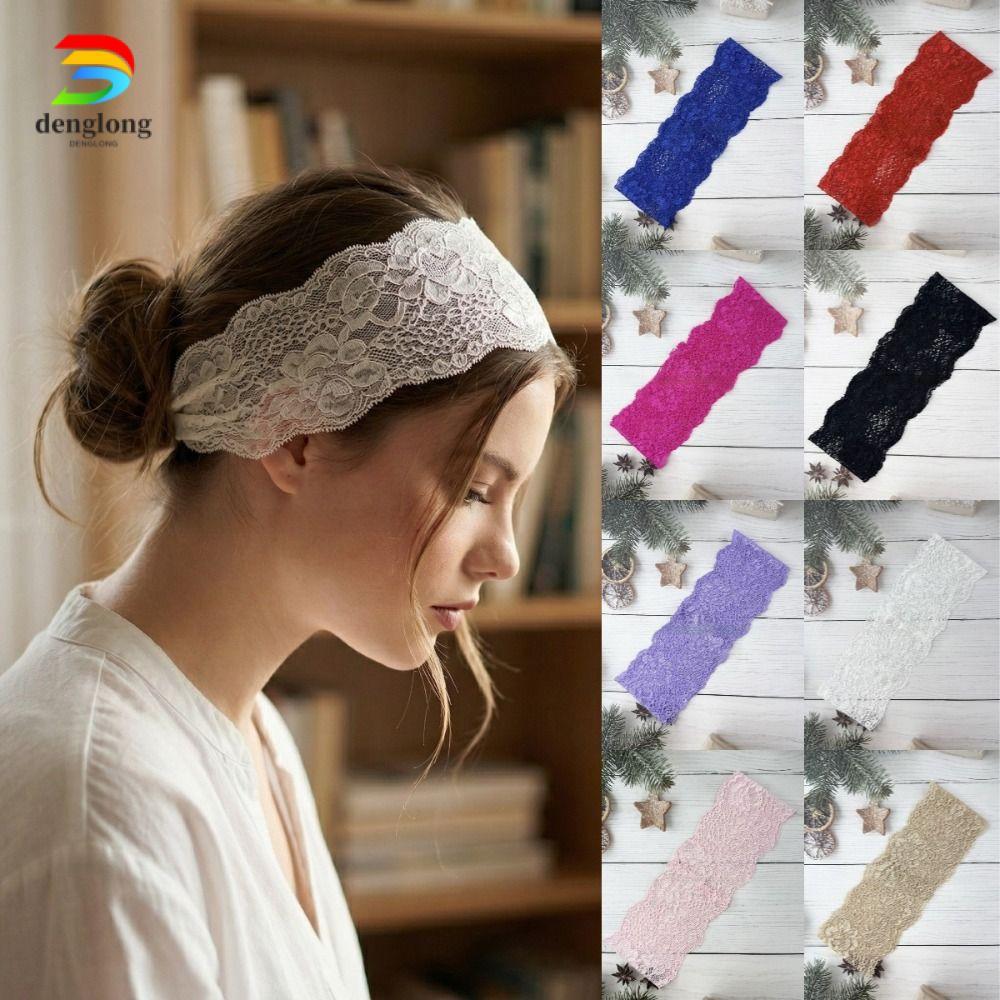 DENGLONG ลูกไม้ Headscarf, Hollow-Out Elegant ตาข่ายลูกไม้แถบคาดศีรษะ,แฟชั่นสีทึบ Breathable Elastic Headwrap หมวก Lady Girls Headwear