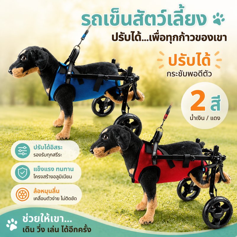 รถเข็นสุนัขพิการ รถเข็นสัตว์เลี้ยงล้อคู่ ปรับได้ ระบายอากาศ สายพยุงขาหลัง ฟื้นฟู