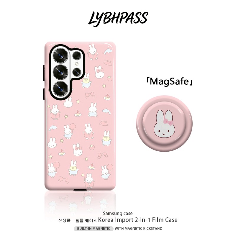คสซัมซุง+มีขาตั้งแม่เหล็ก แม่เหล็ก MagSafe น่ารัก การ์ตูน พื้นสีชมพู Miffy ขอบ2ชั้น เคส Samsung galaxy s20 fe s21 s22 plus s23 s24 s25 edge s26 ultra note20 ultra A07 A17 A27 A37 A54 A55 A56 A57 5G เปิดเลนส์ กันกระแทก โทรศัพท์ มือถือ case
