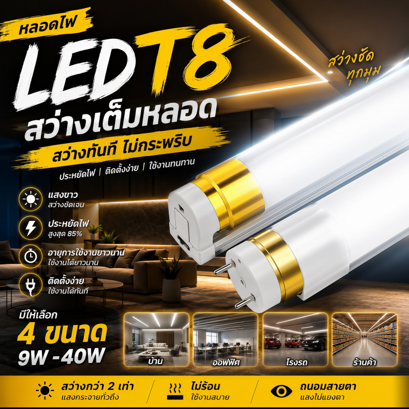 หลอดไฟ LED T8 9W/T8/18W/T8 20W/T8 40Wประหยัดไฟ แสงขาว วอร์มไวท์ ใช้งานยาวนาน