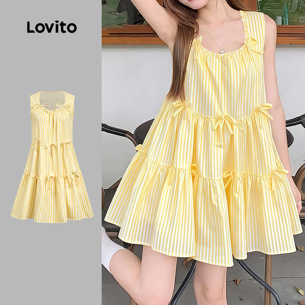 Lovito เดรสสีเหลืองอ่อนสไตล์ลําลอง มีดีเทลจับจีบด้านหน้าและชายกระโปรงระบาย เหมาะสําหรับฤดูใบไม้ผลิและฤดูร้อน L184ED969