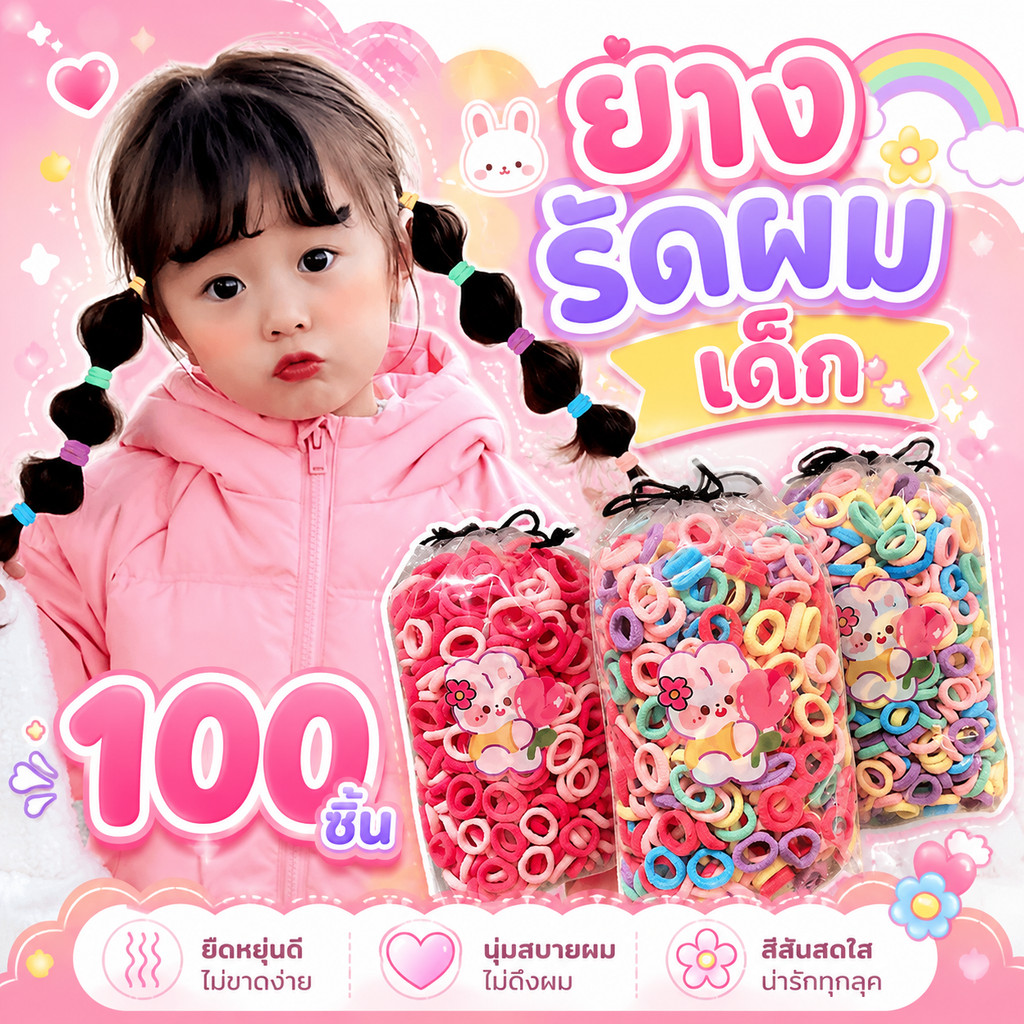 ยางรัดผม ชุดยางรัดผมเเด็ก 100 เส้น เครื่องประดับผม แฟชั่นเกาหลี เหมาะสำหรับเด็กก สำหรับผู้หญิง เด็ก ยางมัดผมยืด H85