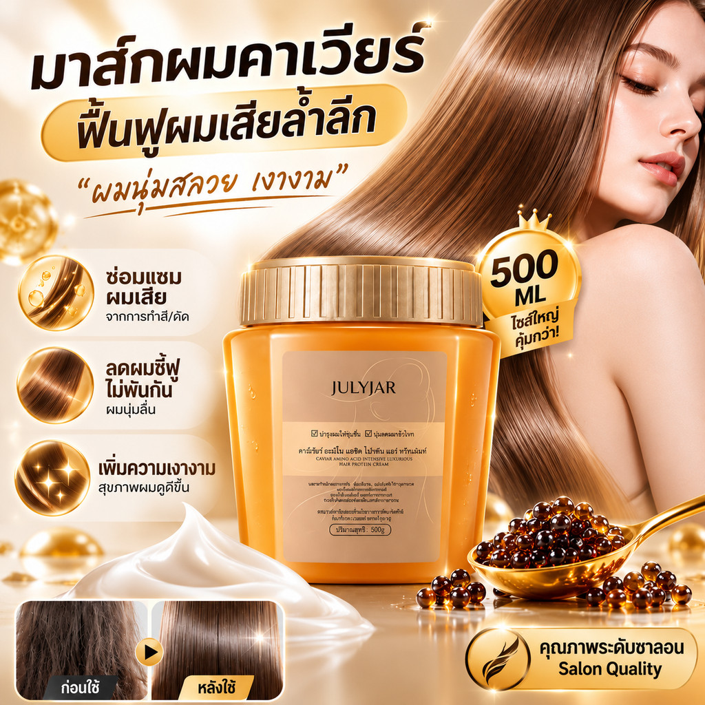 JULYJAR คาเวียร์ ครีมหมักผม  500g เท่านั้นเคราตินสดเกรด  กรดอะมิโน ครีมยืด บำรุงผมมี ไม่ต้องอบไอน้ำ Caviar ทรีตเม้นท์ผม