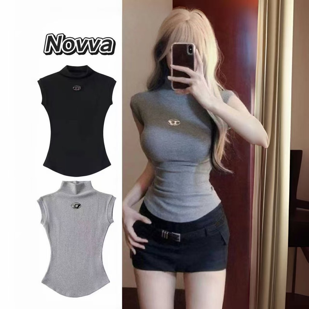ส่งไวจากไทย เสื้อปากกิ่งคอสูง ผ้ายืดแขนสั้น พรางแขนให้ดูเพรียว ทรงสลิมฟิต Novva