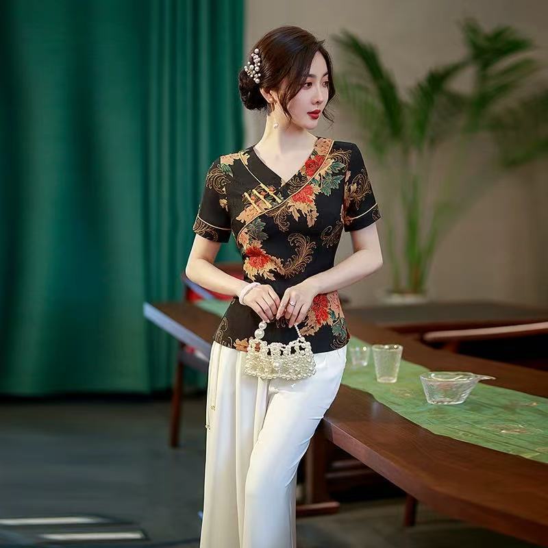 0617 黑8-4-4红B 旗袍上衣V低领改良复古夏季新款贵夫人妈妈修身0617 Black 8-4-4 Red B Flagdsg999.th