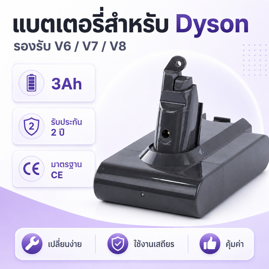 แบตเตอรี่เปลี่ยน Dyson V6 V7 V8 DC58 DC59 DC61 21.6V ความจุ 3Ah