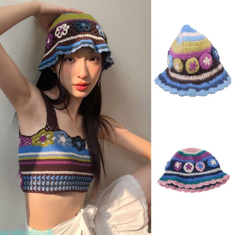 Mocho สตรีถัก Beanies หมวก Handmade หมวกดอกไม้ Checkerboard รูปแบบฤดูหนาวฤดูใบไม้ร่วงหมวกตกปลา Bohem