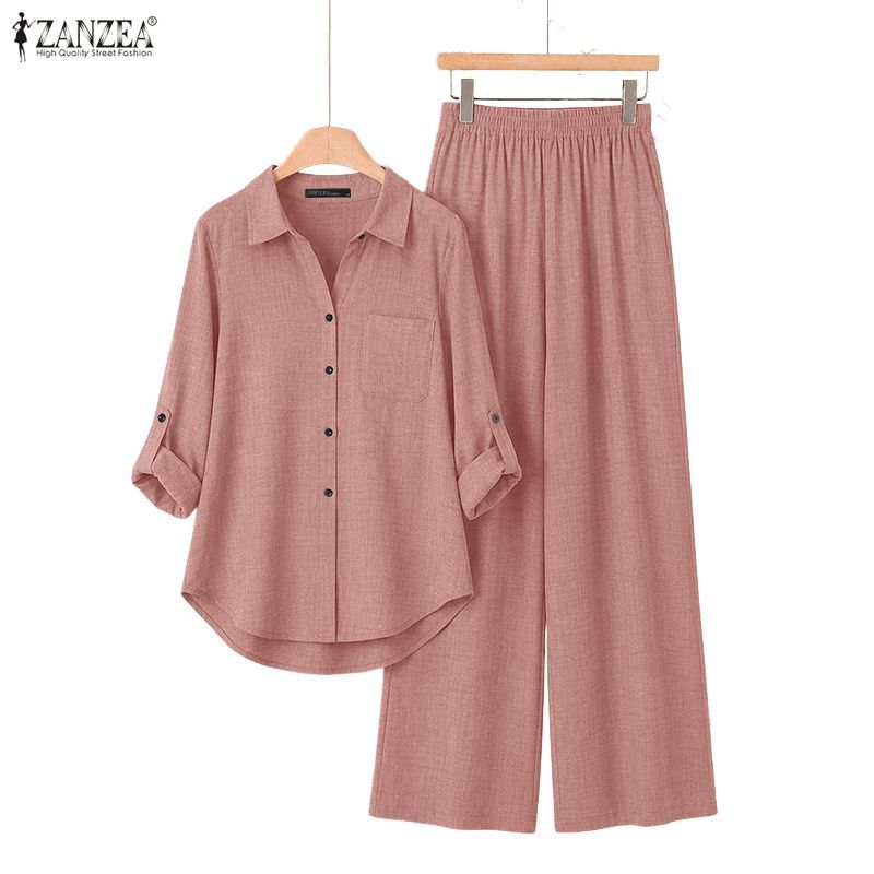 ZANZEA ผู้หญิงเกาหลี Commute Casual Lapel Roll Up แขนปุ่มกว้างเสื้อและกางเกงชุดสองชิ้น — صورة 6