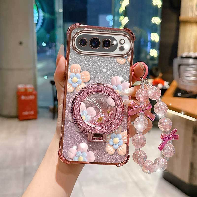 3 ชิ้น (เคสลายดอกไม้ทับซ้อน+สายคล้อง+ขาตั้งวงกลม) สําหรับ Pixel 10 Pro XL/Pixel 10A/Pixel 9/Pixel 9a