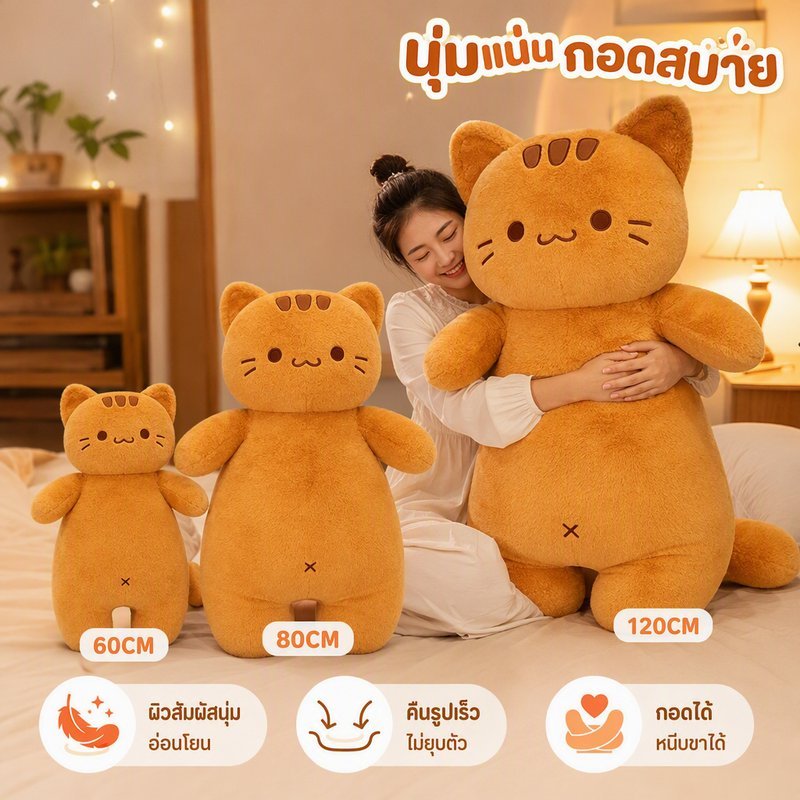 หมอนข้างตุ๊กตาแมวสีส้ม ตุ๊กตาแมวตัวใหญ่ หมอนยาวนุ่ม หมอนกอดปลอบใจ ของขวัญวันเกิด