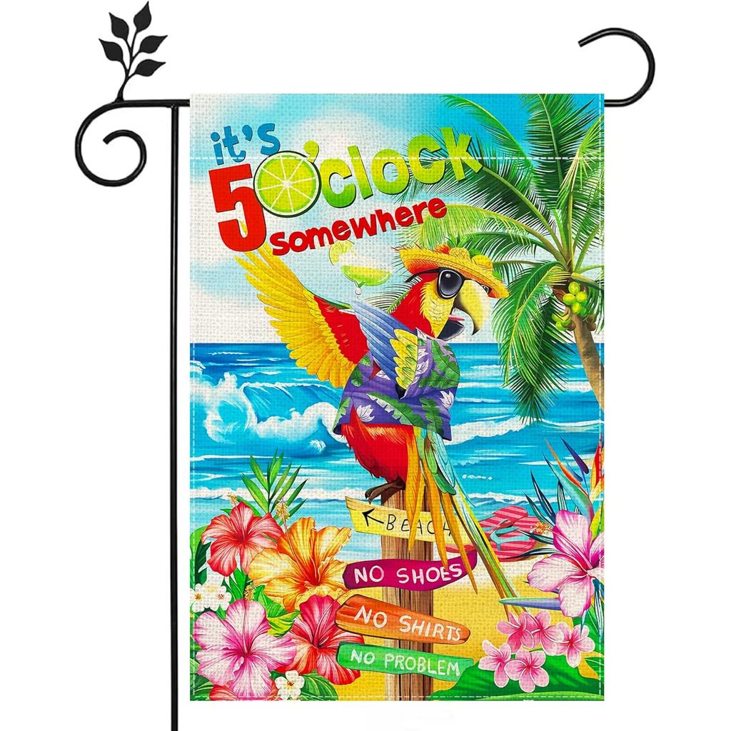 Its 5 oclock Somewhere Beach ฤดูร้อนยินดีต้อนรับสีดอกไม้ Parrot Birds สองด้านสวนธงตกแต่ง -12x18 นิ้ว