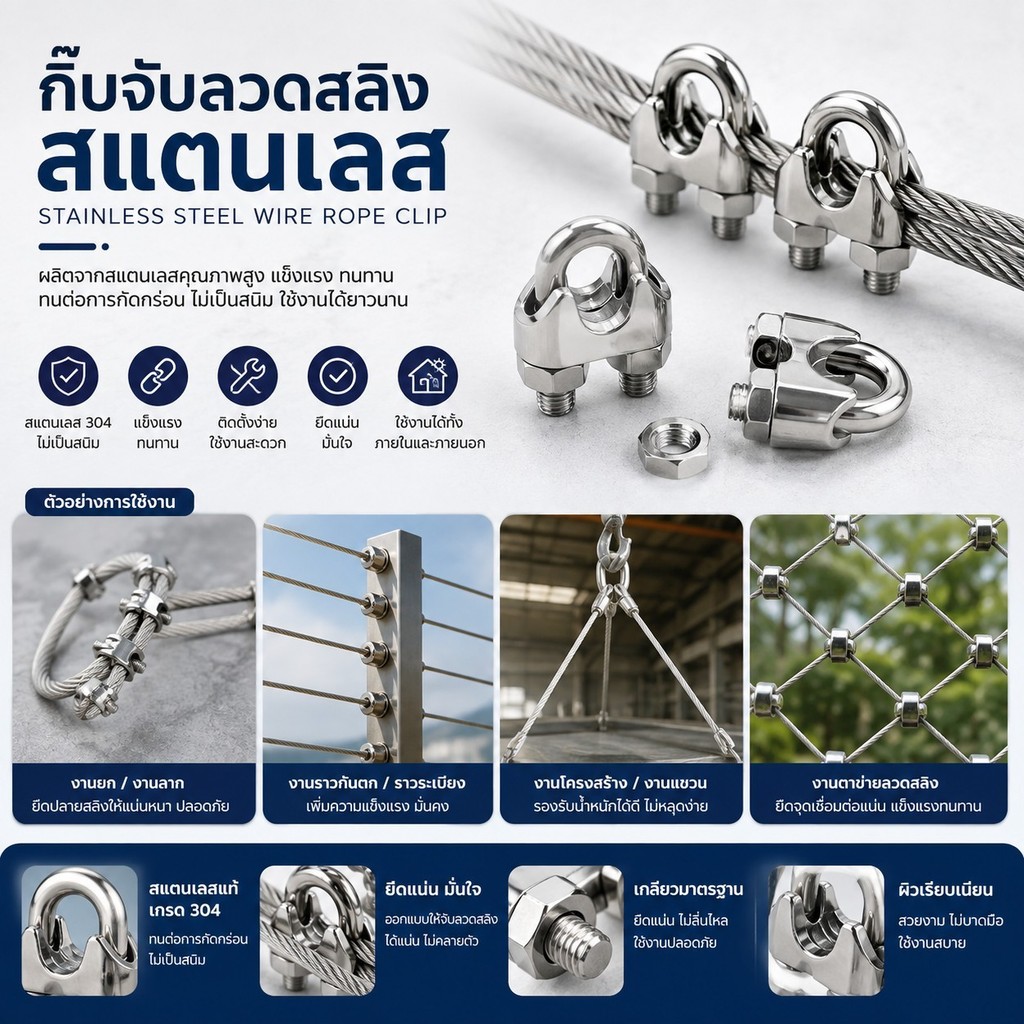 กิ๊บจับลวดสลิง กิ๊บล็อคสลิง แคมป์ล็อคสลิง สแตนเลส ขนาด M3/M5/M6/M8/M10/M12 พร้อมส่ง #AQ-0031