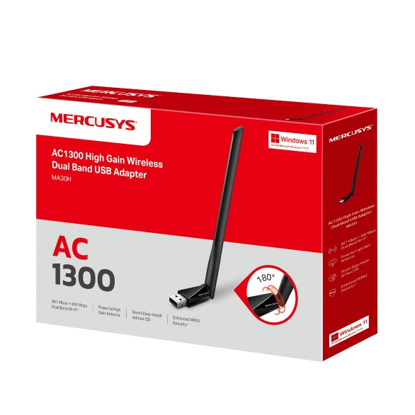 ตัวรับสัญญาณ USB Wifi MERCUSYS MA30H AC1300 (พร้อมเสาอากาศ, Windows)