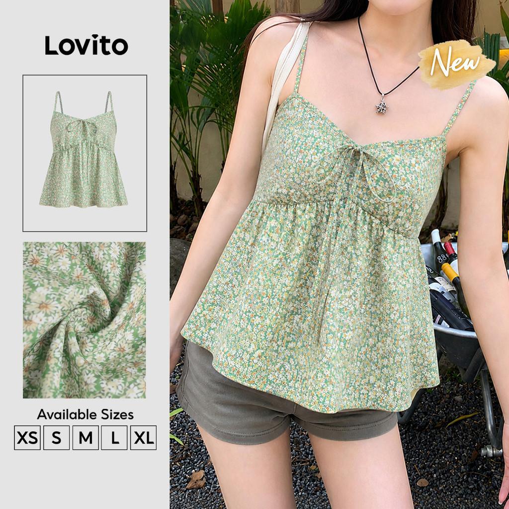 (New Arrival) Lovito เสื้อสตรีสไตล์โบโฮสีเขียว ท็อปลําลองสําหรับฤดูใบไม้ผลิ/ฤดูร้อน ประจำวัน เกาหลี อินเทรนด์ TKK8TD083