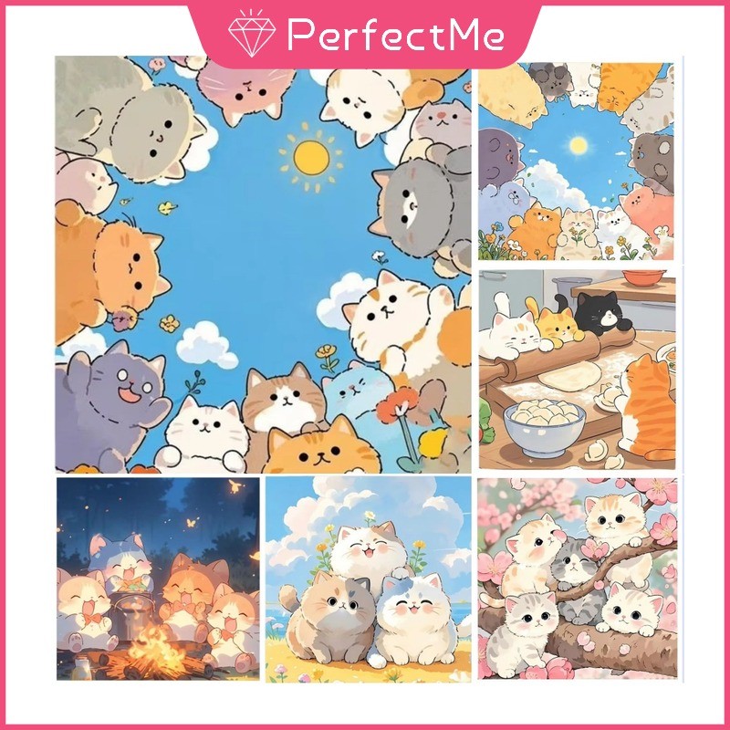 PMการ์ตูนแมวน่ารักดอกไม้ 5d ภาพวาดเพชรเพชรเต็มห้องนั่งเล่นวางเพชร Cross Stitch ห้องนอนห้องรับประทานอาหารเพชรเย็บปักถักร้อยตกแต่งบ้าน30x30 ซม./40x40 ซม./50x50 ซม.