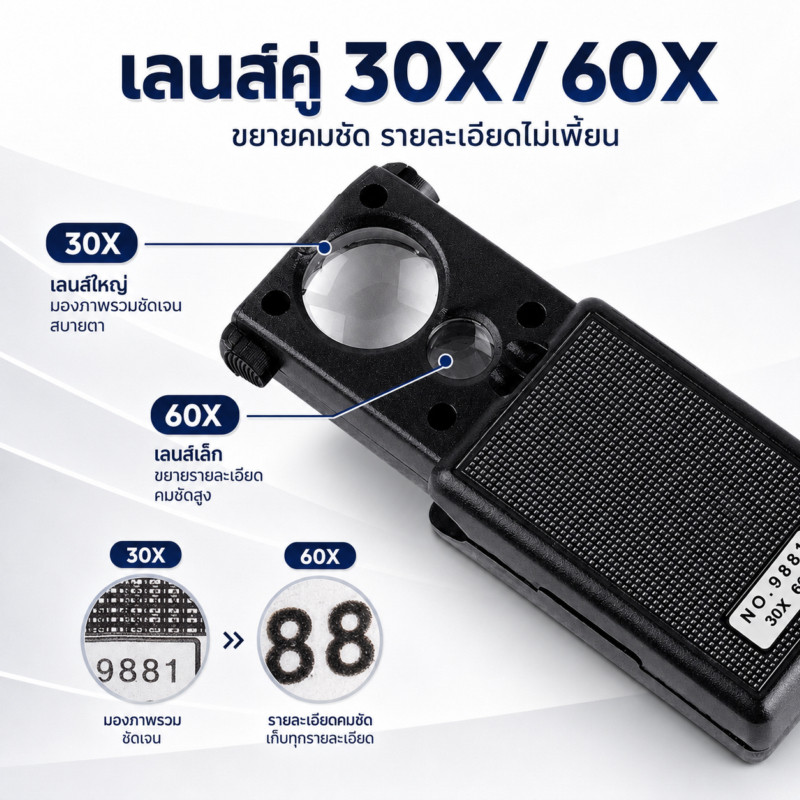 แว่นขยายขนาดเล็กแบบพับได้ง่าย แว่นขยายกล้องจุลทรรศน์ มี 2เลนส์เลือกได้ 30x 60x มีไฟ LED ตรวจรายละเอียดเล็ก เครื่องประดับ
