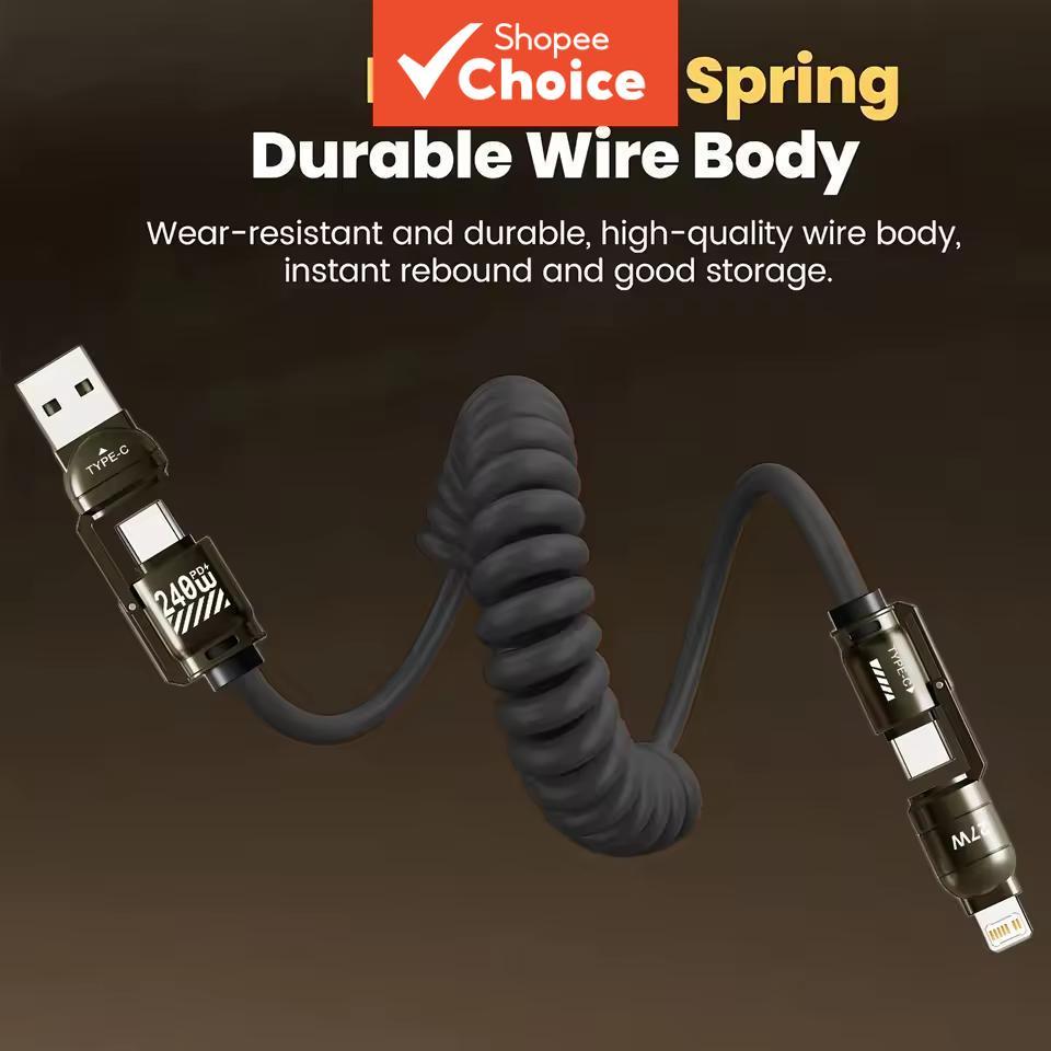สายชาร์จเร็ว 4-in-1 PD 240W แบบสปริง USB Type C เป็น Type C และสายข้อมูล iOS สําหรับ iPhone 15 16, Samsung, Xiaomi