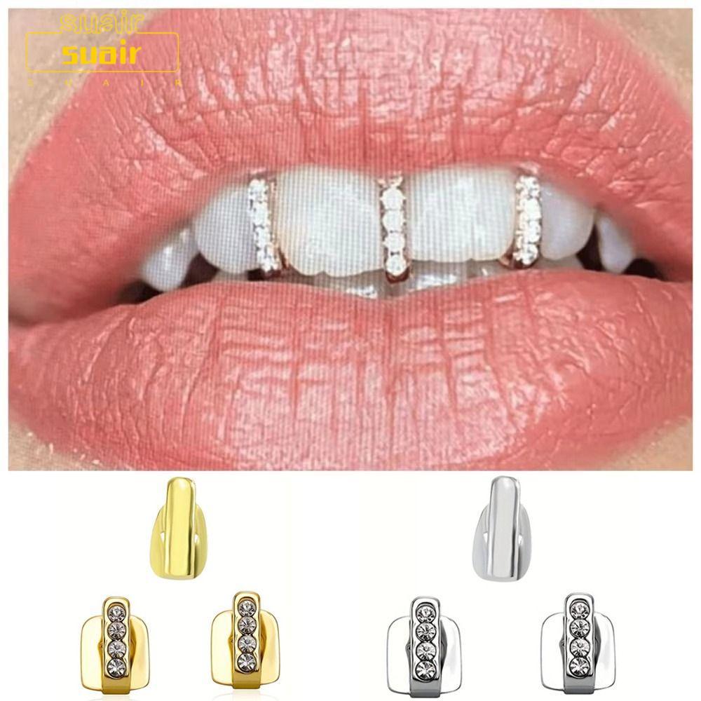 SUAIR 3 ชิ้น Hip Hop ฟัน Grillz, เงาเพทาย Hollow Grillz, Rhinestone ฟันหมวกผู้หญิงผู้ชาย
