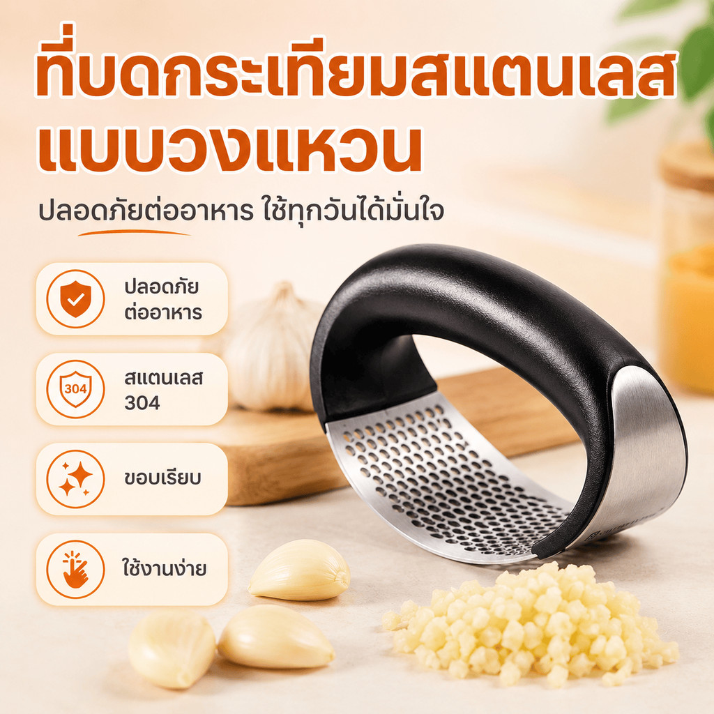 SoftLiv ที่กดกระเทียมแบบวงแหวนสแตนเลส 304 จับถนัดมือ กดโยกง่าย บดเร็ว ล้างสะดวก เหมาะกับบ้าน ร้านอาหาร และคาเฟ่ ใช้สะดวก