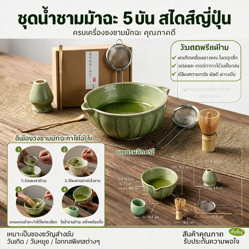 ชุดชามมัทฉะญี่ปุ่น พร้อมแปรงชงมัทฉะไม้ไผ่ ชามชา ที่กรอง ที่ใส่แปรง ที่กรองชา ของขวัญสําหรับคนรักมัทฉะ