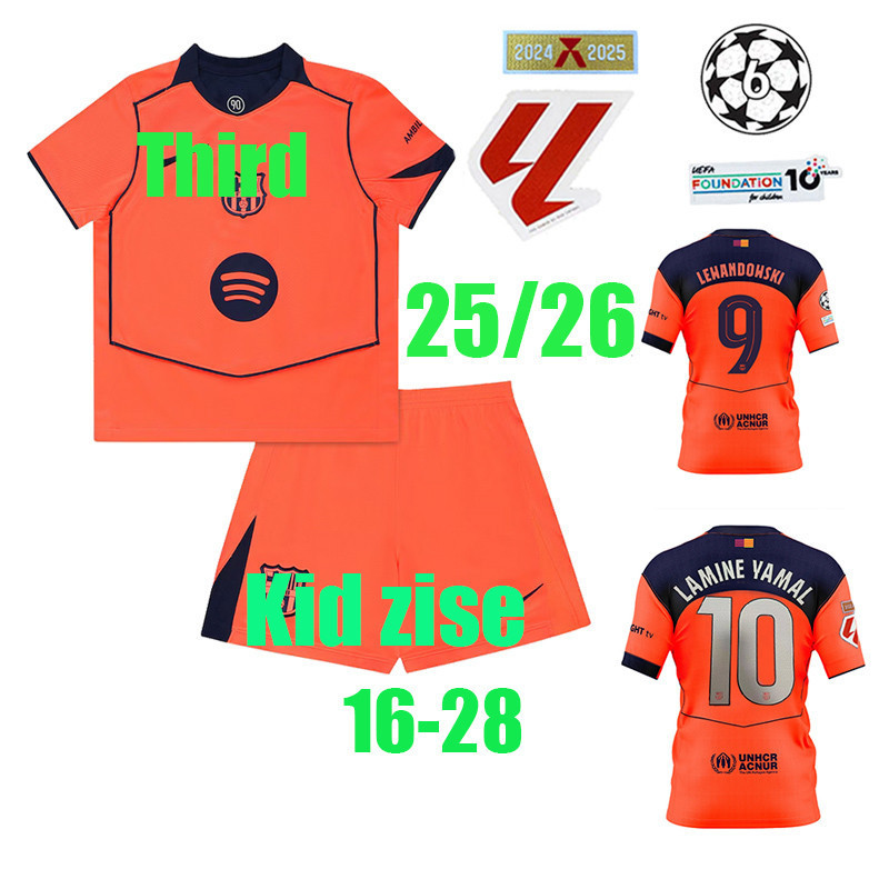 25/26 LAMINE YAMAL ฟุตบอลผ้า BaRceLonas Third jersey ชุดเด็ก (พร้อมกางเกง)GAVI RAPHINHA KOUNDE WANDO