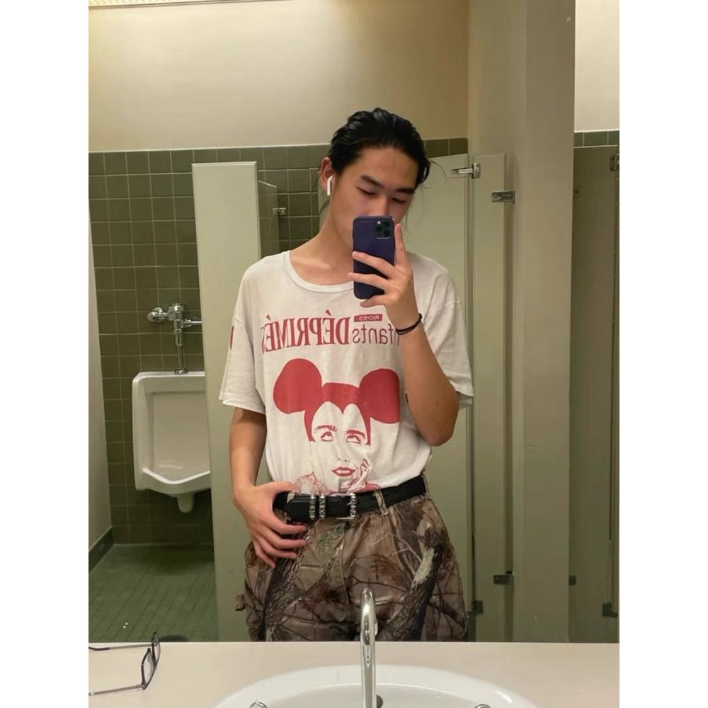 ERD CUOUT Melanchon Fu รุ่นที่สอง Mickey Portrait Punk Rock Vintage รอบคอแขนสั้นลําลองผู้ชายผู้หญิง