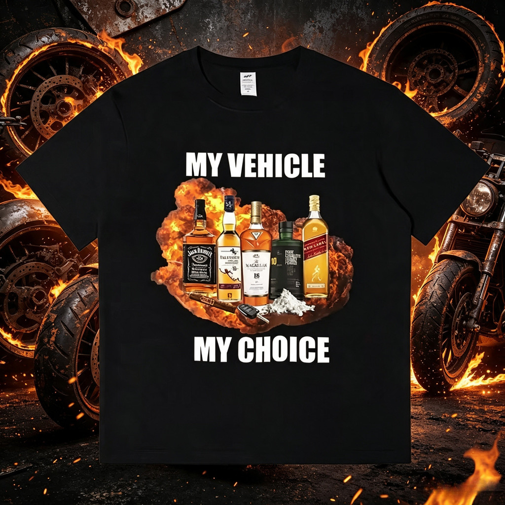 เสื้อยืด พิมพ์ลายขวดวิสกี้ MY VEHICLE MY CHOICE สไตล์มอเตอร์ไซค์ร็อค สตรีท คอตตอนนุ่ม ใส่ได้ทั้งชายห