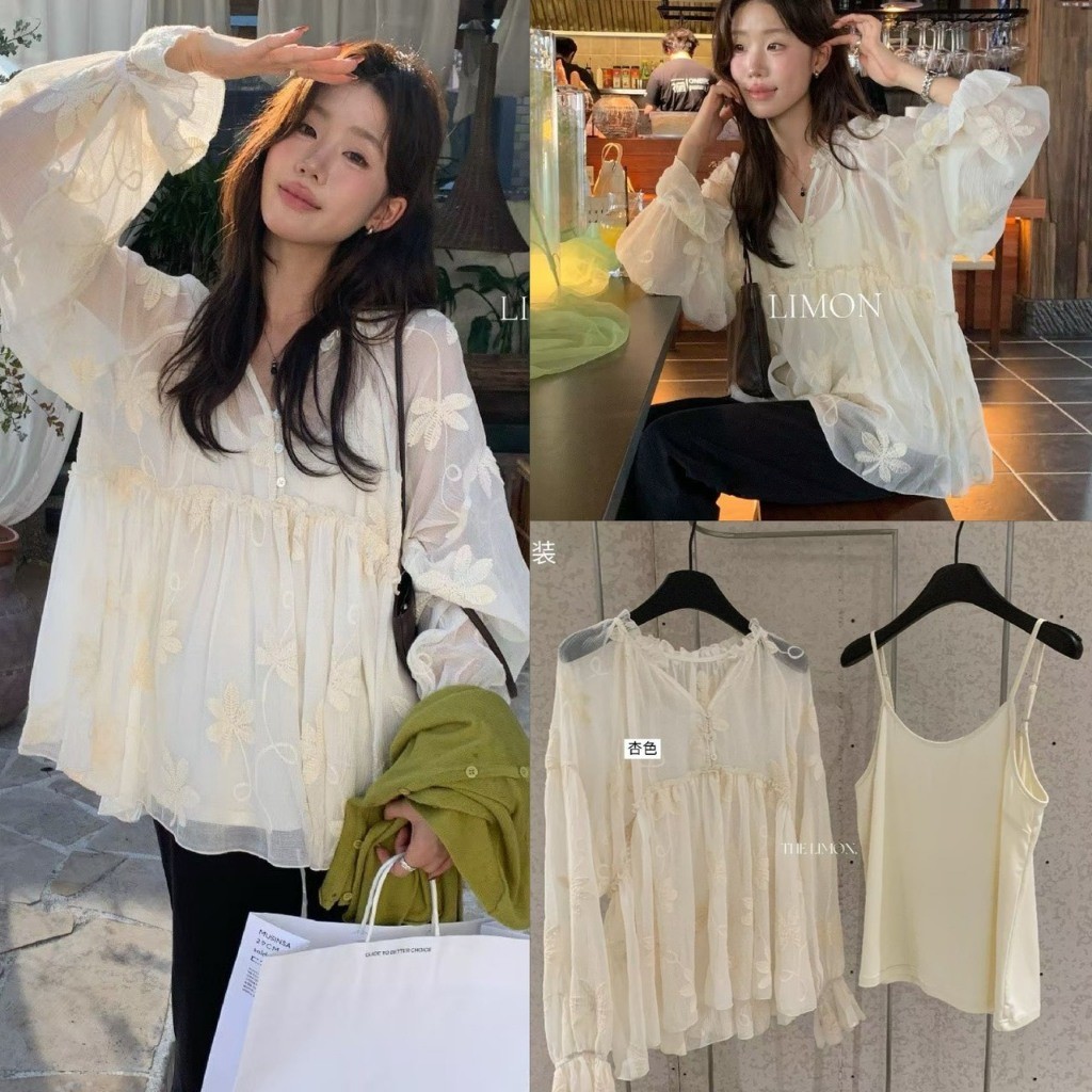 LM11156 Floral Embroidered Sheer Blouse Set เสื้อผ้าชีฟองเนื้อนุ่มซีทรู  แฟชั่นเกาหลี TAG LEMON