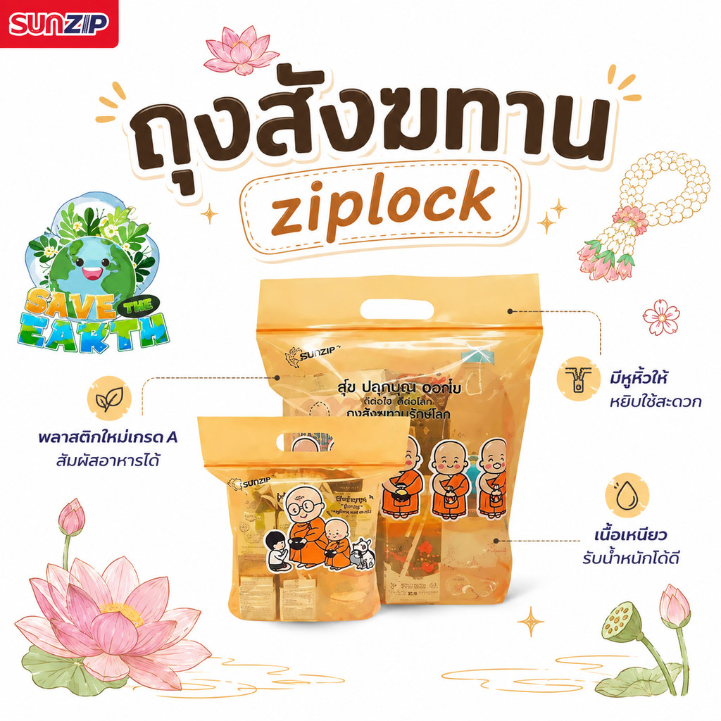 SUNZIP | ถุงเติมบุญ ถุงถวายสังฆทาน ถุงทำบุญแบบซิปปิดสนิท ไว้สำหรับจัดของใส่บาตร ไซส์ S,M,L