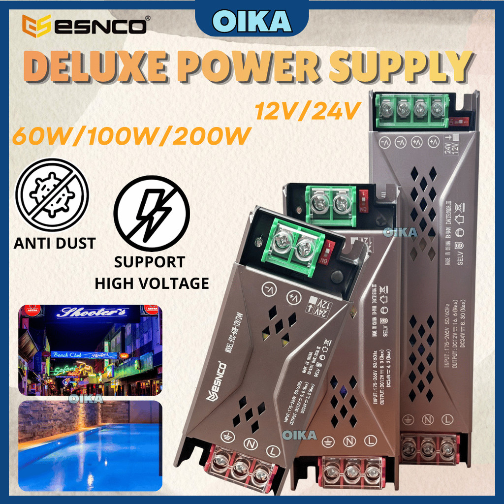 ESNCO Deluxe Power Supply 12V / 24V DC 60W / 100W / 200W LED Driver & Convertere
