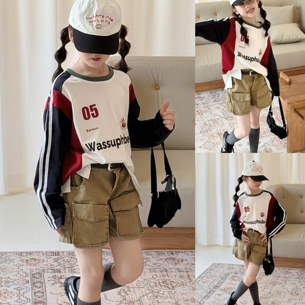 PRETTY BABY เสื้อแขนยาวเด็ก เสื้อโอเวอร์ไซส์ ทรงสปอร์ต กางเกงขาสั้นเด็ก ทรงคาร์โก้ แถมเข็มขัด (2376)