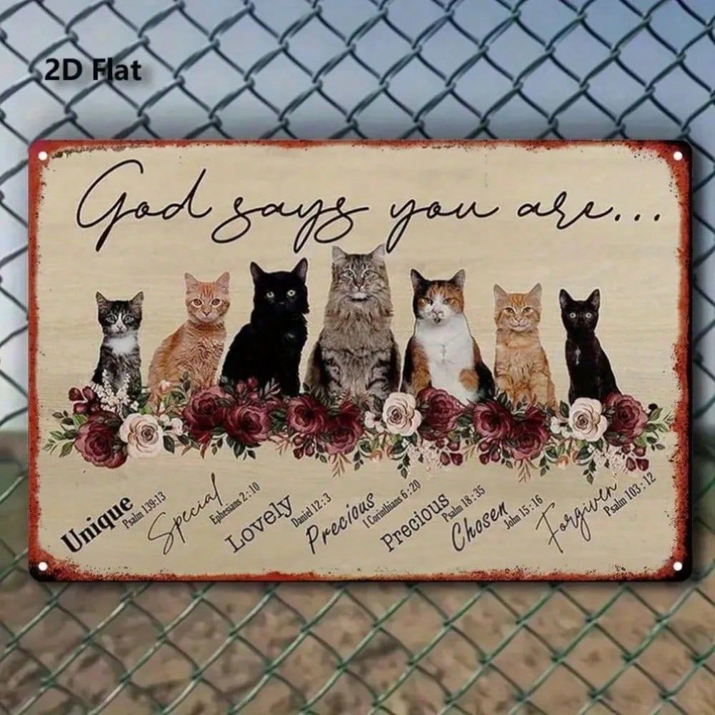 CIFbuy 2D โลหะ Cat Wall Art Bible Verse Sign Rustic Farmhouse ดอกไม้ตกแต่ง Pre-Drilling สําหรับห้องน