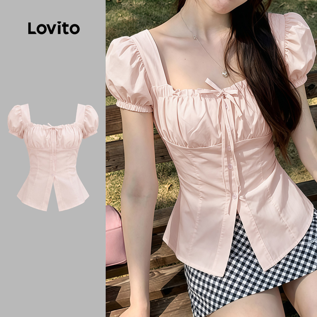 (New Arrival) Lovito เสื้อเบลาส์ทรงหลวมลําลองผูกด้านหน้า เรียบง่าย เหมาะสําหรับฤดูใบไม้ผลิ/ฤดูร้อน สีชมพู สําหรับผู้หญิง เกาหลี อินเทรนด์ LK7AD1049