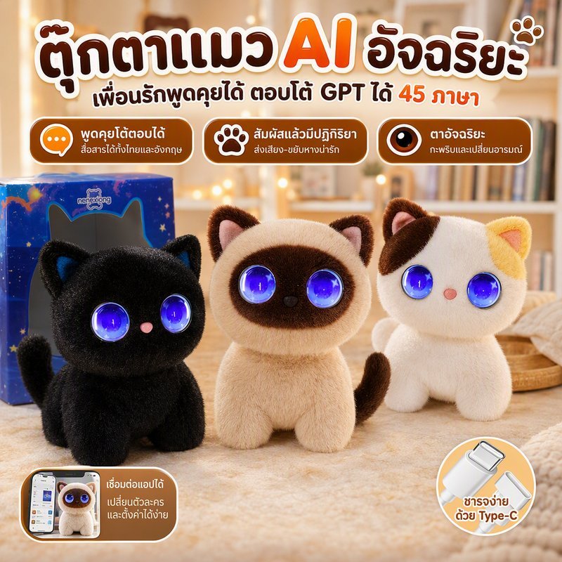 ตุ๊กตาแมว AI ตุ๊กตาแมว พูดคุยโต้ตอบ ChatGPTได้ หลายภาษา 88 ภาษา รองรับภาษาไทย ภาษาอังกฤษ ของเล่นเด็ก