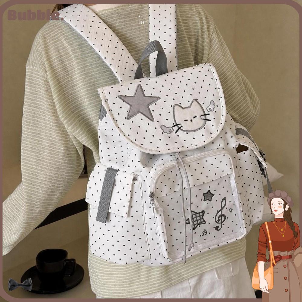 BUBBLE Ita Backpack, Sweet Cat Large Capacity Backpack, Casual Nylon Polka Dot Students Schoolbag fo