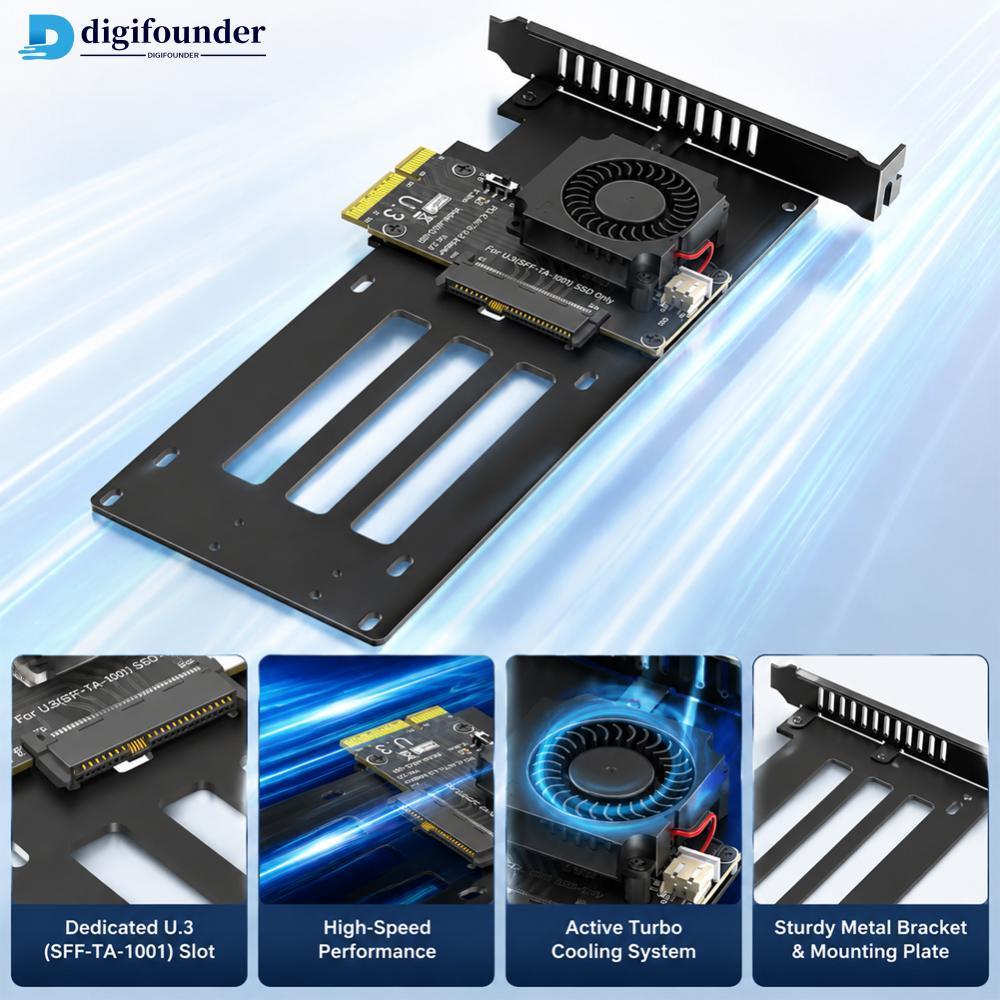 DIGIFOUNDER PCIe 5.0 x4 ถึง U.3 (SFF-TA-1001) NVMe SSD การ์ด 12V Turbo พัดลมระบายความร้อน PCIe ถึง 2