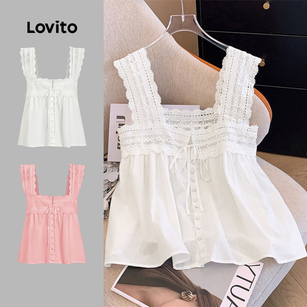 (KOL‘s pick) Lovito เสื้อแขนกุดผู้หญิง ลูกไม้ สีพื้น สไตล์โบโฮ L100MD371