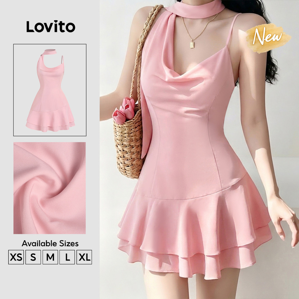 (New Arrival) Lovito ชุดเดรสลําลอง ดีไซน์ชายระบาย ความรู้สึกแฟชั่นฤดูใบไม้ผลิ/ฤดูร้อน สีชมพูอ่อน สําหรับผู้หญิง ประจำวัน เกาหลี อินเทรนด์ เดรสเที่ยวเขา DRK8TD049