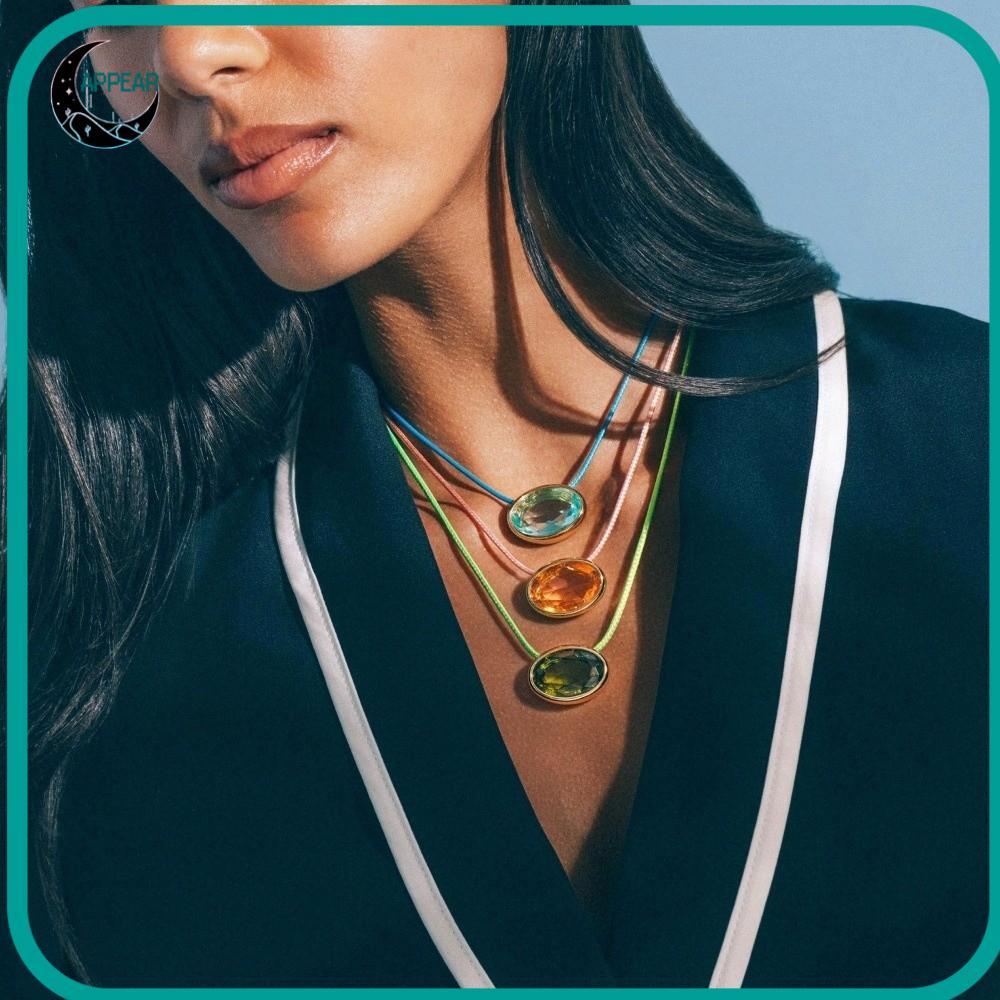 APPEAR สร้อยคอจี้คริสตัล,รูปไข่ตัดอัญมณีสายบางทอง BEZEL Choker,Elegant Gold Bezel การตั้งค่าขี้ผึ้งท