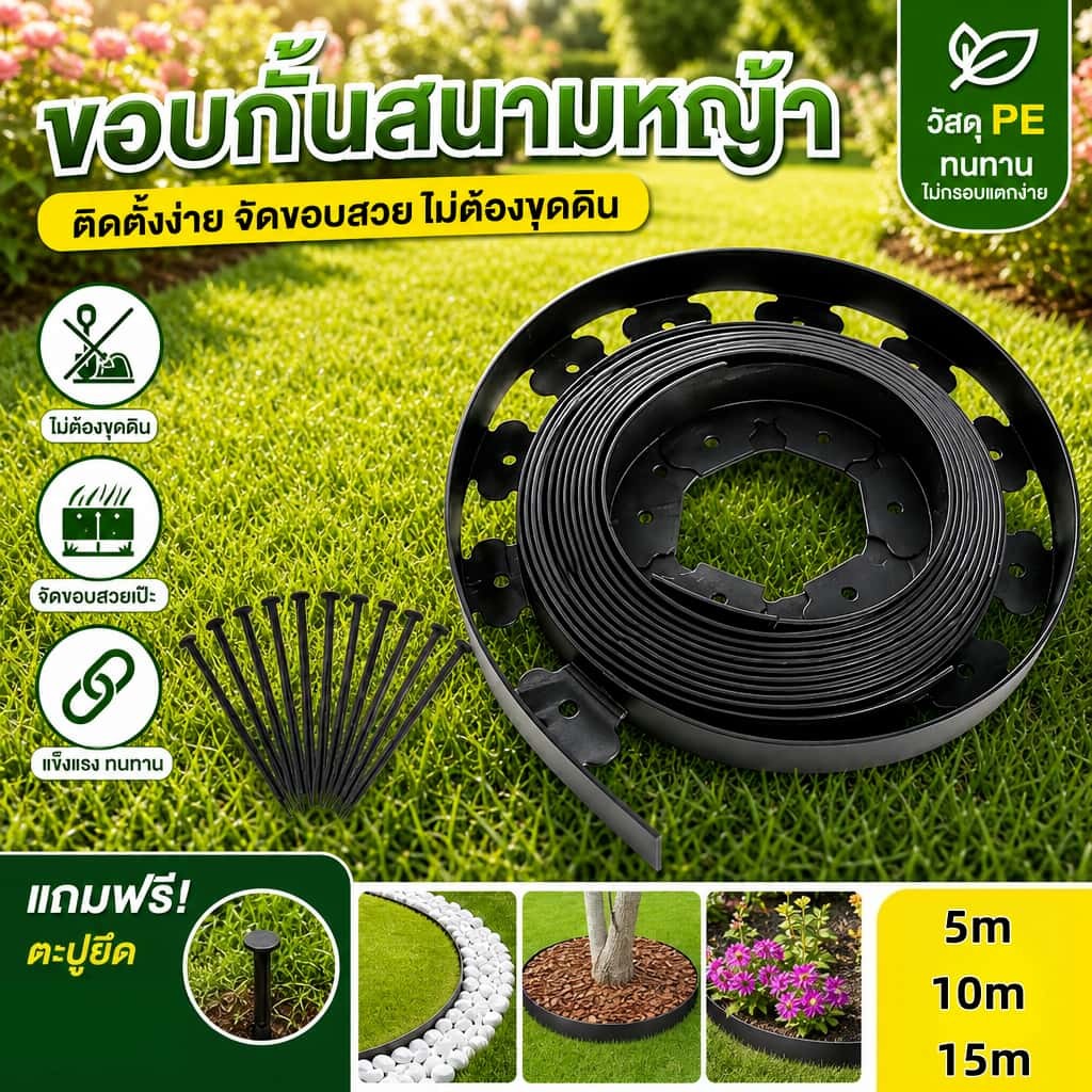 พร้อมส่ง ขอบกั้นดิน 15ม. สูง5ซม. วัสดุPE แถมตะปู ทนทาน15ปี กั้นหญ้า‑หิน ขอบจัดสวน