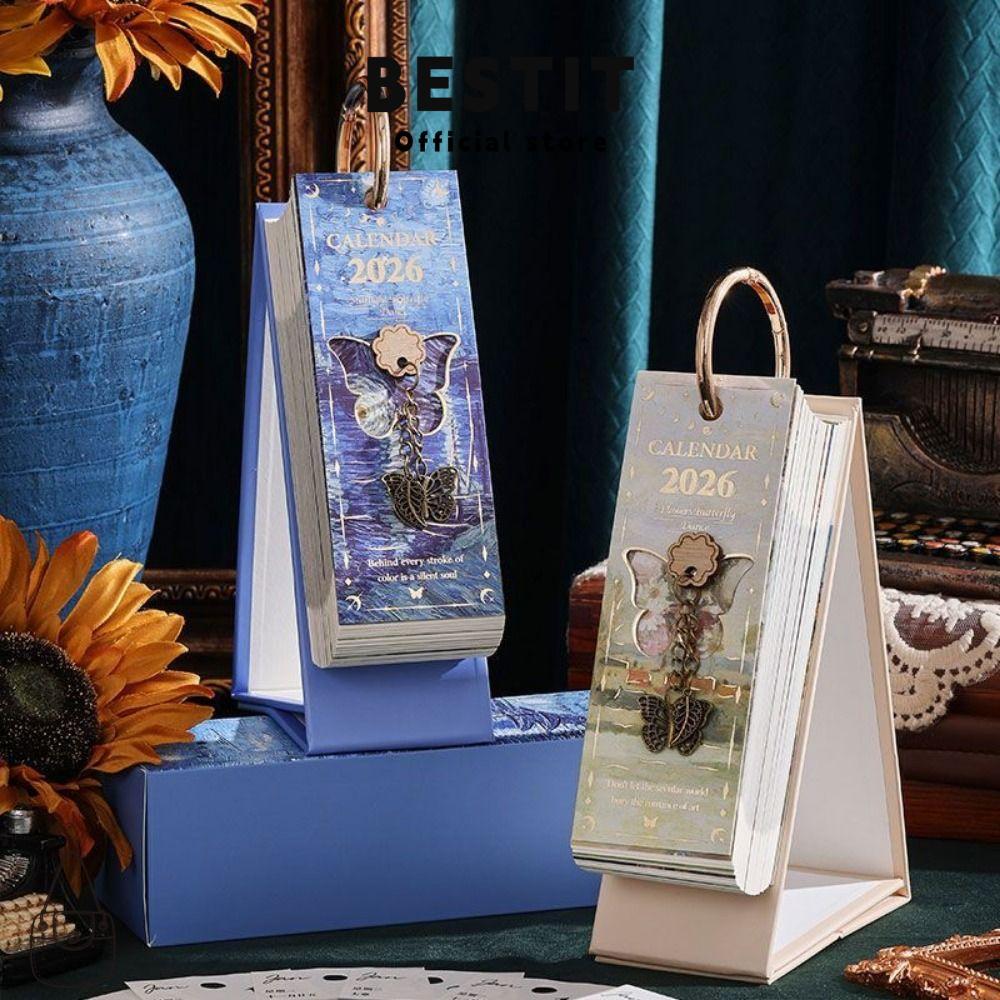 BESTIT 2026 ปฏิทินตั้งโต๊ะ, แนวตั้ง Format Hand-torn Design Vintage ภาพวาดสีน้ํามัน, วันที่แสดงผีเสื