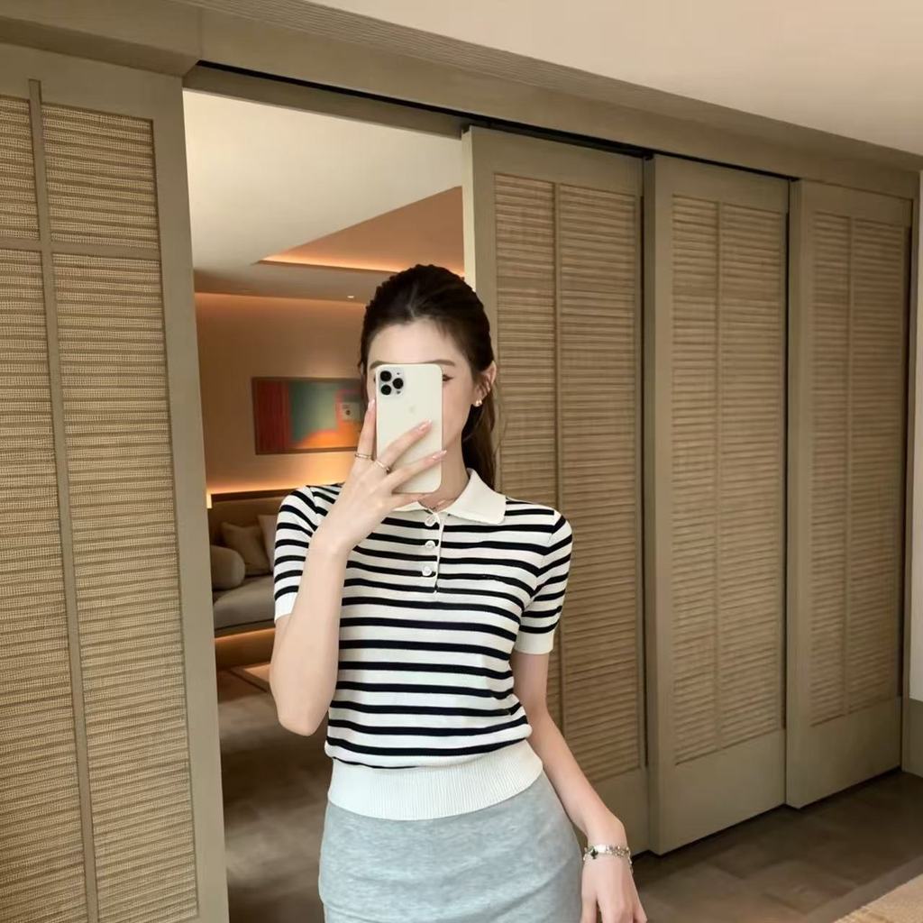 Z3T5 MEMIU แขนสั้น po-คอลายสาวร้อนถักผู้หญิงเสื้อยืดฤดูร้อนสไตล์ใหม่ Chic Western สไตล์ Slimmer ดูอา