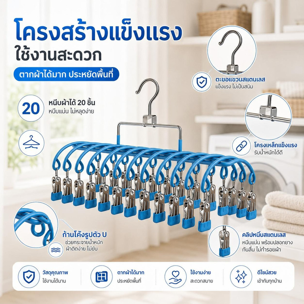 ราวตากผ้าสแตนเลส ประหยัดพื้นที่ พร้อม 20 คลิป สำหรับตากชุดชั้นใน ถุงมือ ถุงเท้า ปลายคลิปเคลือบซิลิโคนกันลื่น