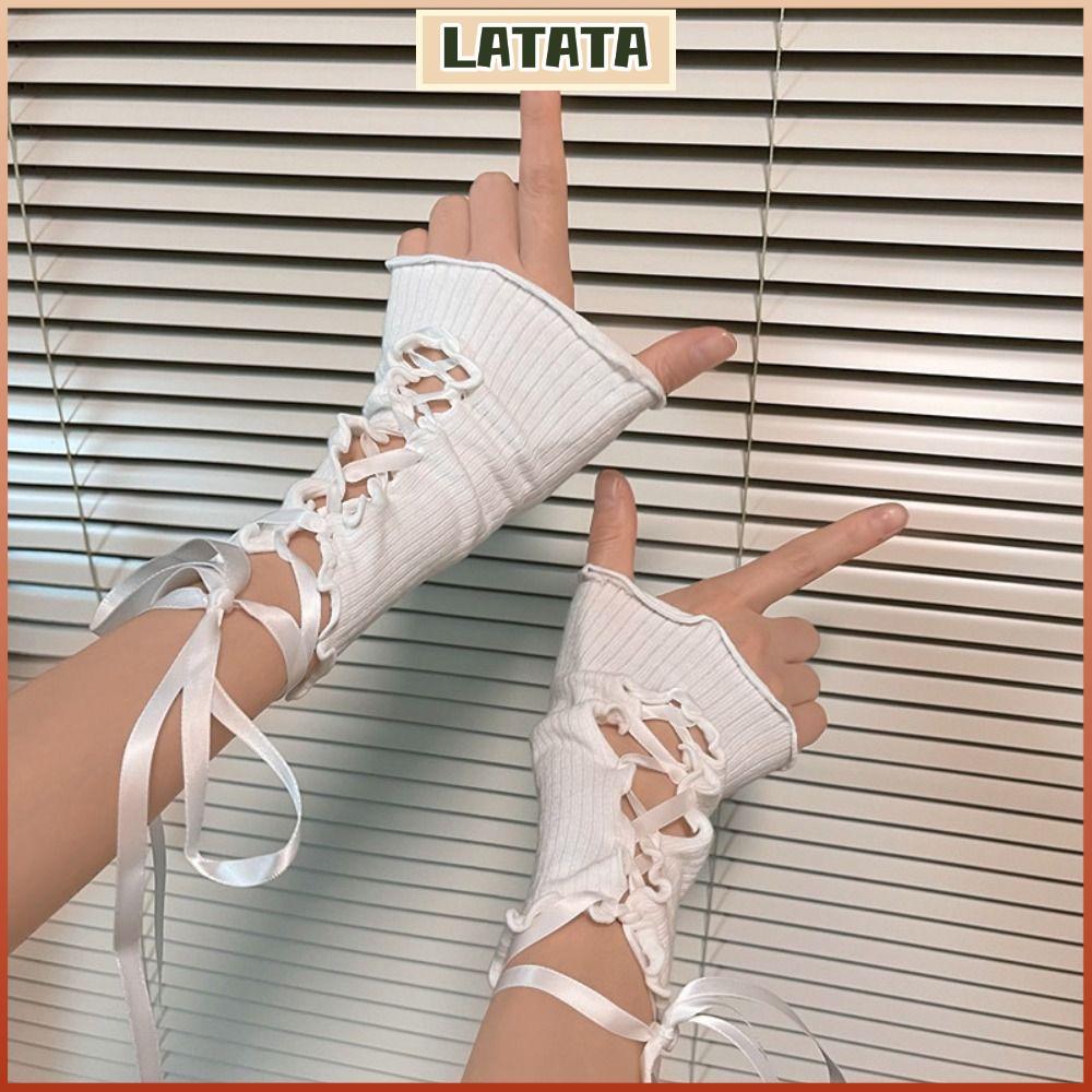 LATATA Fingerless Mittens, Lolita Lace Punk ถุงมือ,ถัก Bowknot Gothic ยืดหยุ่นอะนิเมะถุงมือผู้หญิงหญิง