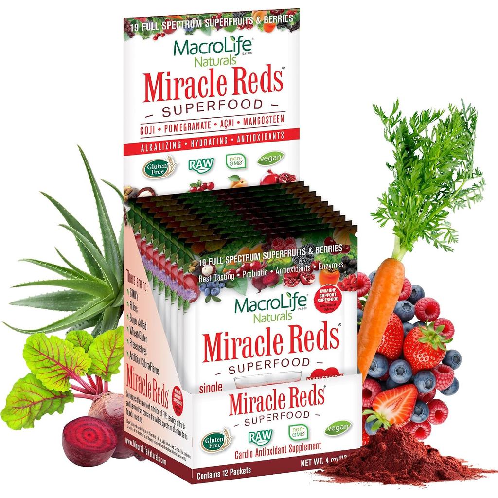 MacroLife Naturals Miracle Reds Superfood Powder 19 Blended Fruit & Berry Polyphenols Enzymes Probio